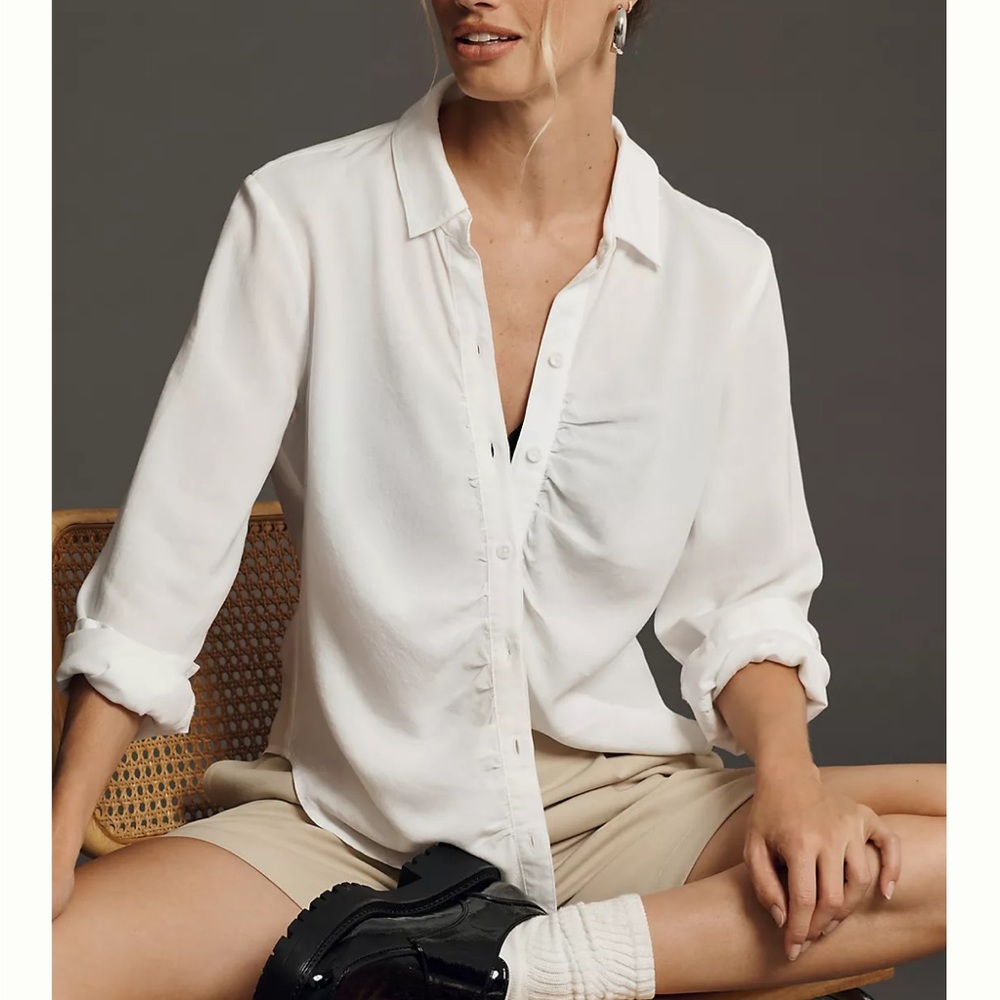 Anthropologie White Button Up with Ruching